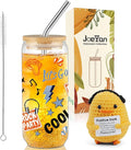 Joeyan Glass Cup with Lid and Straw, 20oz Iced Coffee Cup with Positive Crochet Duck Doll, Rock Party & Game Themed Glass Tumbler for Smoothie Boba Tea, Cool Gamer Gift for Men Boyfriend Son Gamers