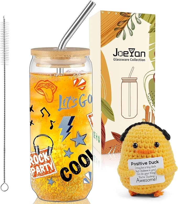 Joeyan Glass Cup with Lid and Straw, 20oz Iced Coffee Cup with Positive Crochet Duck Doll, Rock Party & Game Themed Glass Tumbler for Smoothie Boba Tea, Cool Gamer Gift for Men Boyfriend Son Gamers
