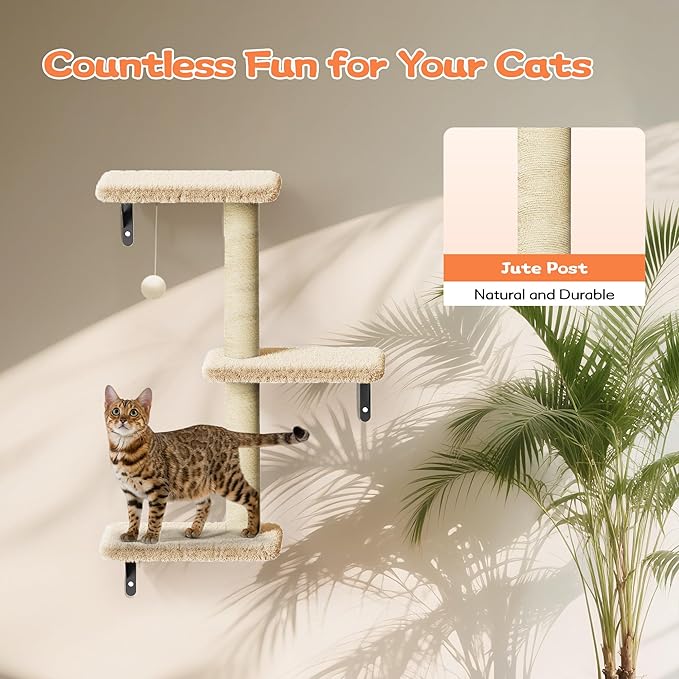 Cat Wall Shelves for Large Cats, Stable & Safe Kitty Walls Furniture Set for 40LBS Cats with Wooden Cat Climber,House, Bridge, Tree, Steps, and Scratcher for 16 Inch Drywall (Beige, 5-in-1)