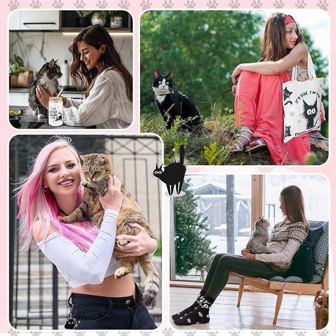 Paterr 4 Pcs Black Cat Gifts for Women Black Cat Lover Gift for Mother's Day Birthday Decorations, with Canvas Tote Bag 16oz Glass Coffee Cup with Straw Socks Cute Keychain