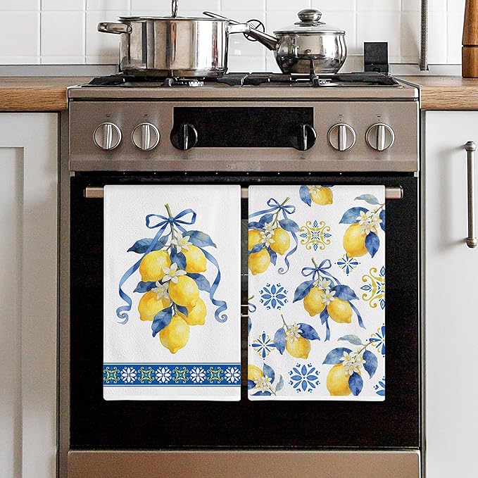 Hexagram Lemon Kitchen Towels Set of 2, Lemon Decor Gifts for Women, Funny Cute Housewarming Dish Hand Towels for Home Kitchen Decor