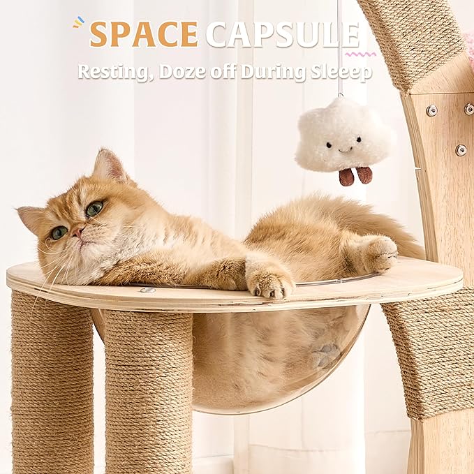 HITTITE Flower Cat Tree with Scratching Post, 36 Inches Cute Cat Tower with Wooden Branch Design, Modern Cat Climbing Tower with Flower Perches and Space Capsule for Indoor Cats Large Adult. White