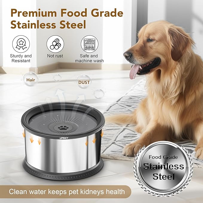 UPSKY 3.5L Dog Water Bowl,Large Capacity No Spill Dog Water Bowl,Stainless Steel Spill Proof Slow Water Feeder,No Splash Water Bowl with Anti-Slip Mat for Messy Drinkers Grey, C.3.5L