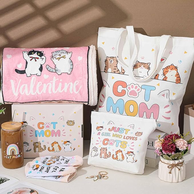Paterr 6 Pcs Cat Mom Cat Lover Gifts for Women Christmas Canvas Tote Bag Makeup Bag Print Blanket Socks 16oz Glass Coffee Cup with Straw Cute Keychain for Mother's Day Birthday Girls Daughters Sister