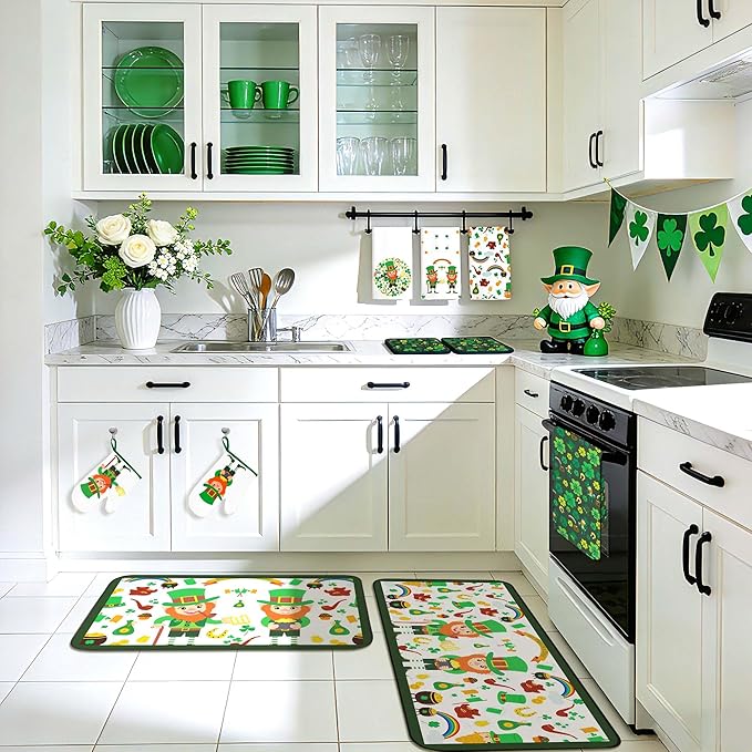 10 PCS Green Kitchen Decor Accessories Sets Shamrock Lucky Clover Kitchen Towels Green Elf Oven Mitts Pot Holders Rug Mat Decoration for Cooking Baking Bathroom Home Camp Spring Gift