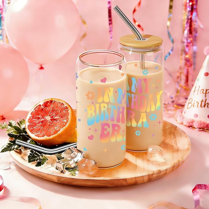 Joeyan Glass Cups with Lids and Straws - 20oz Iced Coffee Cup, Retro Iridescent Birthday Glass Tumbler, Aesthetic Drinking Glasses for Smoothie Boba Tea, Birthday Gift for Women, Her, Friend