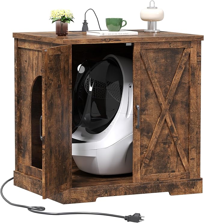 Hey-brother Enclosure for Self Cleaning Cat Litter Box, Large Hidden Litter Box Furniture with Charging Station, Suitable for Automatic Cats Litter Boxes and Robot, Vintage, Rustic Brown JCLB004SR