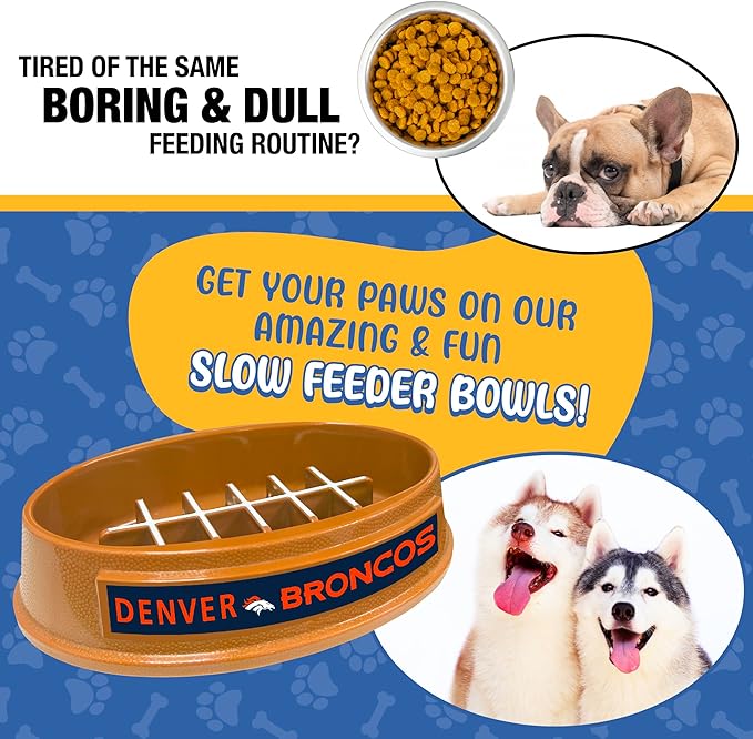 NFL Super-Bowl Denver Broncos Slow Feeder Dog & Cat Bowl. Football Design for Healthy Digestion. Non-Slip for Large & Small Pets