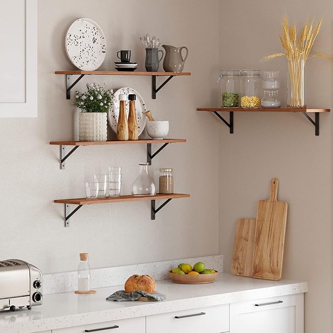 DINZI LVJ Long Wall Shelves, Set of 4, 31.5Inch Wall Mounted Shelves, Extra Large Wall Storage Ledges with Sturdy Metal Brackets for Living Room, Bathroom, Bedroom, Kitchen, Rustic Brown