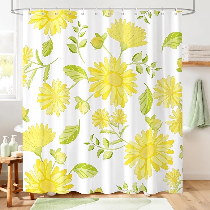 Yellow Daisy Floral Shower Curtain,Spring Summer Sunflower Botanical Waterproof Polyester Fabric Bath Curtain with 12 Hooks,Bright Aesthetic Flower Bath Decor, 72 x 72 Inch