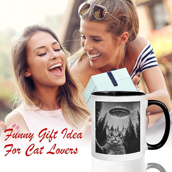Funny Cat Selfie With UFO Alien Coffee Mug - Gifts for Cat Lovers, Mom, Dad, Owner, Lady - Birthday, Halloween, Christmas - Humor Sarcastic 11OZ Mug