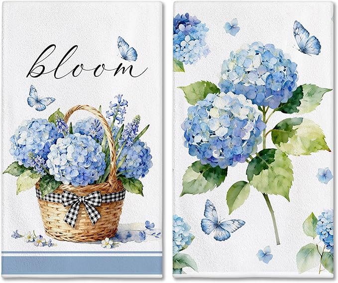 Hexagram Spring Kitchen Towels Sets of 2,Blue Flower Hand Towels for Bathroom 18x28 Inch, Spring Farmhouse Home Decorations
