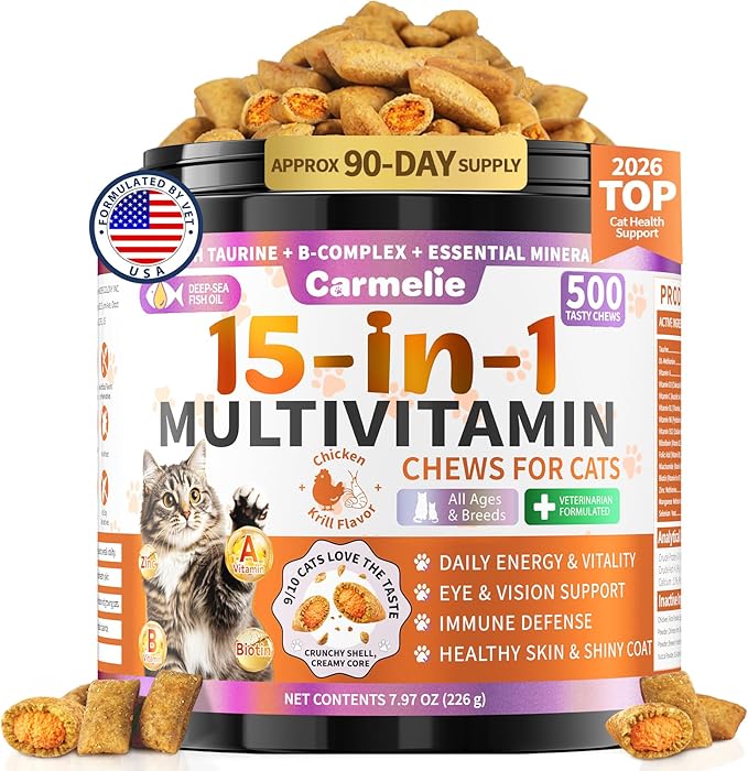 Taurine for Cats Vitamins Treats, 15 in 1 Cat Multivitamin Support Joint, Skin Coat, Digestion, Immunity & Energy, 500 Crunchy & Creamy Chews with Essential Vitamin for Cats All Ages (90-Day Supply)