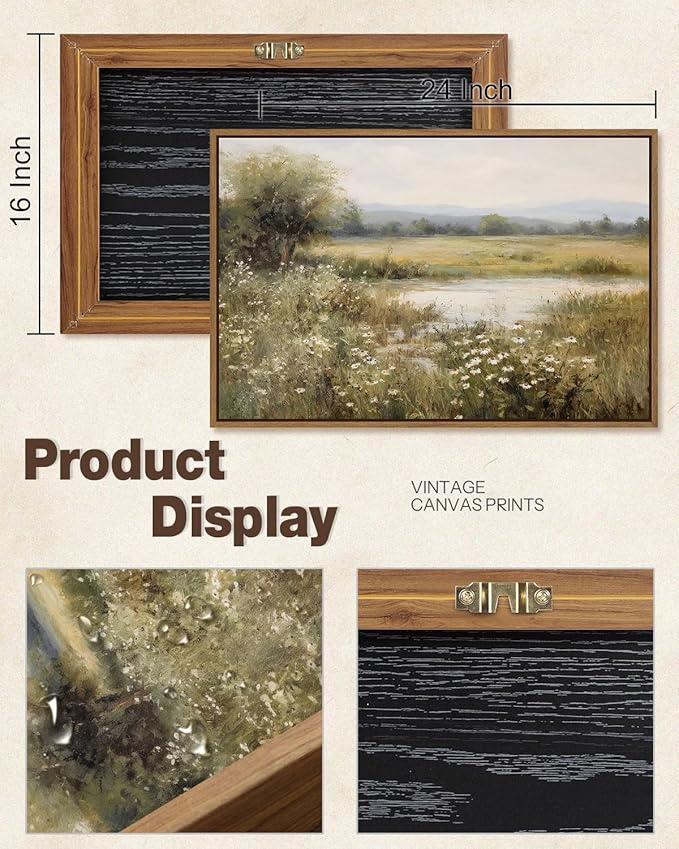 Vintage Landscape Wall Art Spring Wildflower Field Pictures Wall Decor Rustic River Pond Painting Prints Nature Wilderness Scenery Poster Framed for Bedroom Bathroom Home Kitchen Decoration 16x24 Inch