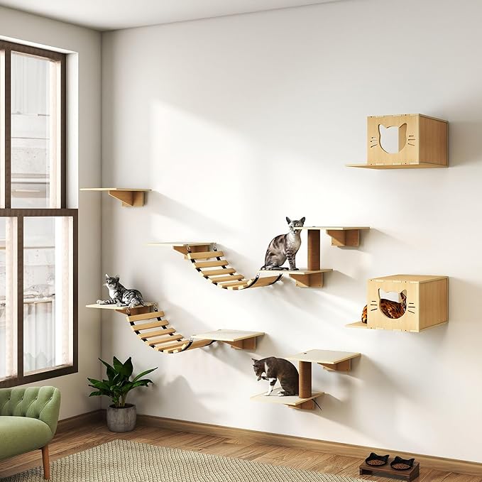 NYEEKOY Cat Wall Shelves, Wood 8-in-1 Cat Wall Furniture Set, Large Cat Shelves for Wall with Scratching Post, Cat Climbing Wall Activity Center for Climb, Play, Rest, and Scratch, Natural Wood
