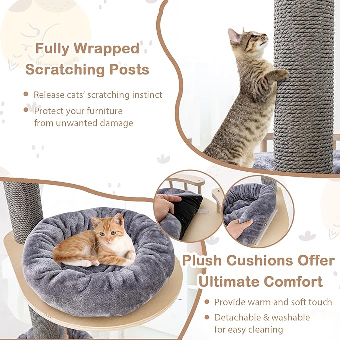 Tangkula Floor to Ceiling Cat Tree, Tall Cat Tower with Adjustable Height (93-107 Inch) for Large Cats, 5 Tier Cat Climbing Pole with Scratching Post, Cattail Basket Bed, Hammock for Indoor Cats