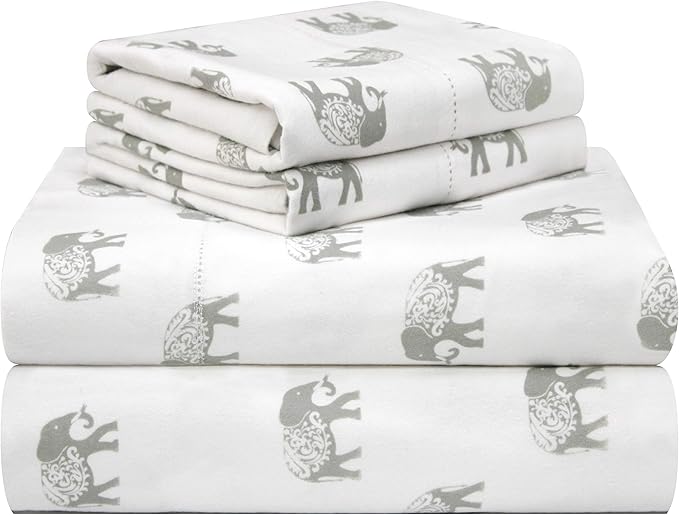 Pointehaven 180 GSM Velvet Feel Luxury 100% Cotton Printed Flannel Sheet Set, King, Elephant - Warm & Cozy - Pre-Shrunk -Deep Pockets - Elastic All Around-Comfy Double Brushed -