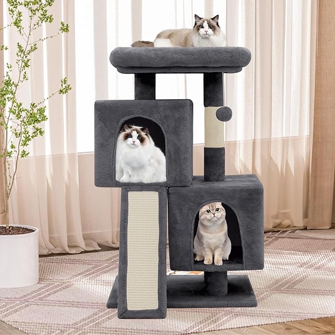 Athena Collection Small Cat Tree, Modern 34 Inch Cute Cat Tree Tower with Scratching Post 2 Condo Activity Platform and Playing Ball for Indoor, Dark Grey