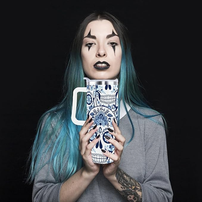 Goth Gifts Goth Tumbler Halloween Tumbler 40 Oz Sugar Skull Gifts Cup For Women Men Spooky Skeleton Travel Mug with Handle Lid and Straw