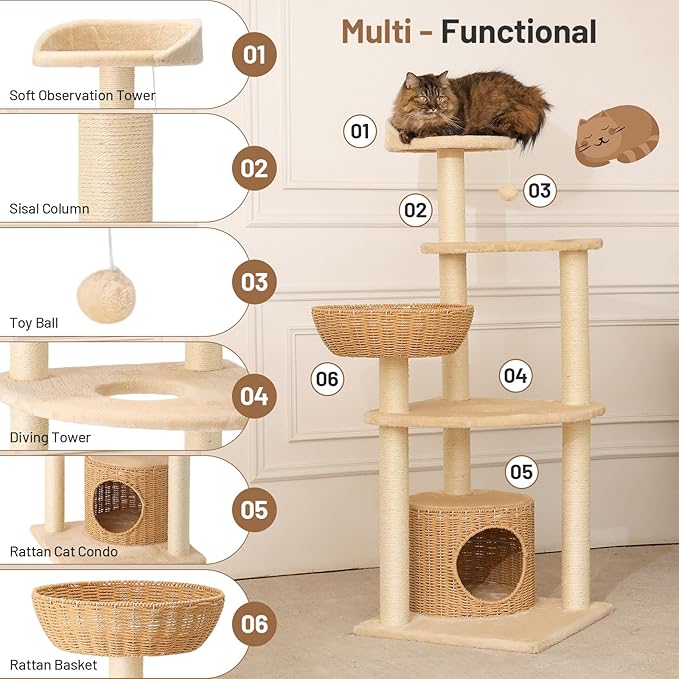 Modern Rattan Cat Tree House Condo Tall Heavy Duty Cat Climbing Tower with Scratching Post,Basket,Bed,and Stand for Indoor Large Adult Cat