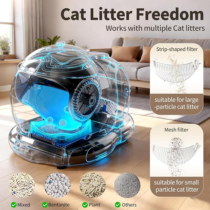 Automatic Cat Litter Box for Multiple Cats, Large Capacity Detachable Top Self-Cleaning Litter Box with App Control & AI Monitoring, Odor Control, Safety Sensors (Silvery)