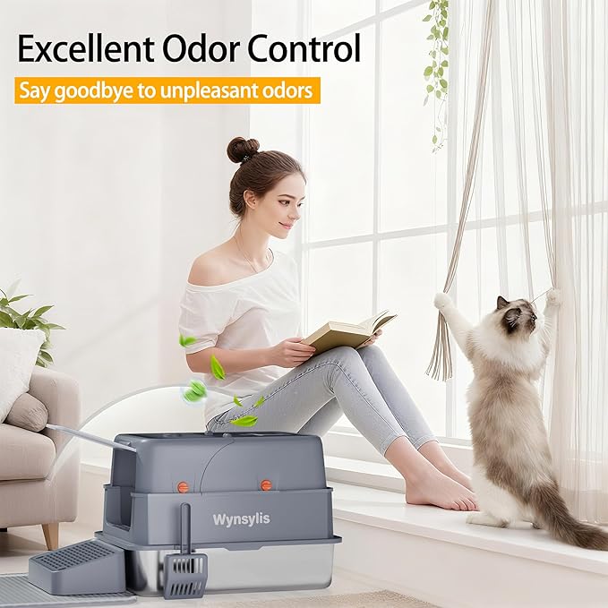 XL Stainless Steel Cat Litter Box with ABS Enclosed Lid, 180° Flip-Top Design, High Sided Leak-Proof Pan, Charcoal Odor Control Filter, Easy Clean for Large & Multi-Cat Homes