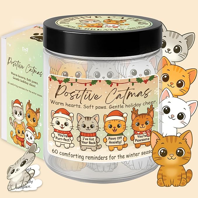 Positive Catmas Jar – 60 Affirmation Cards for Anxiety & Self Care, Gifts for People Who Love Cats, Cat Gifts for Women, Teens, Friends, Sisters, Emotional Support Cats, Christmas Gift Ideas Stocking Stuffers