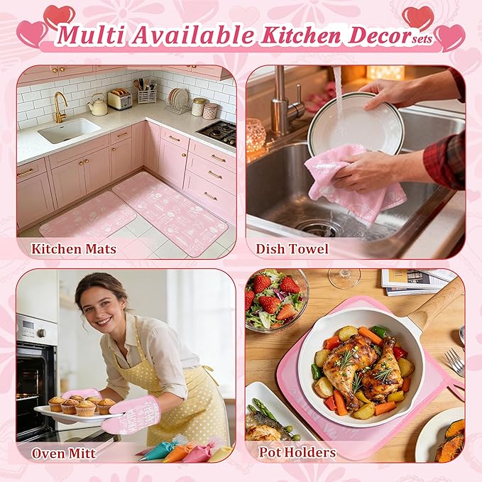 10 Pcs Pink Kitchen Dish Towels Pot Holders Oven Mitts Glove Rustic Rugs Mat Set Cute Farmhouse Kitchen Decor Accessories for Cooking Baking Home Decor Spring Housewarming Mom Gift BBQ