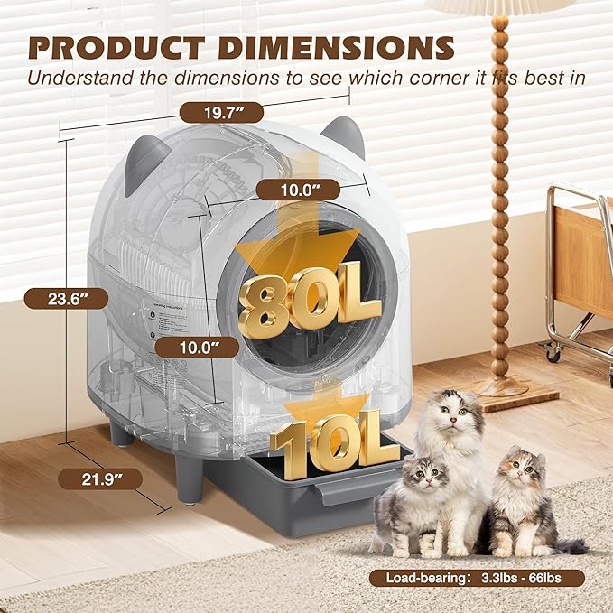Grepatio Automatic Cat Litter Box, Self Cleaning Litter Box for Multiple Cat, APP Control, Safe Anti-Pinch, Weight Monitoring, Smart Cat Litter Box Includes Scent Cartridge, 2-Roll Garbage Bags
