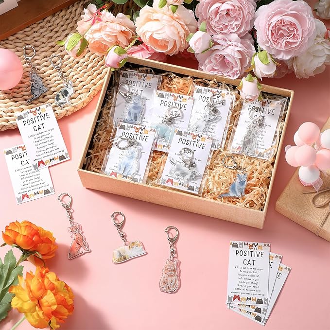 12 Set Cute Cat Keychain with Positive Cards and Bags Cats Animal Keychains Inspirational Gifts for Women Men Coworker Employee Stuff Team