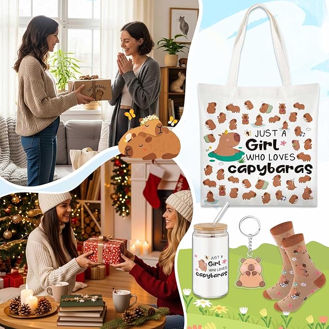 Paterr 4 Pcs Capybara Gifts for Women Mom, Capybaras Lovers Gifts for Mother's Day Birthday Decorations, with Canvas Tote Bag 16oz Glass Coffee Cup with Straw Socks Cute Keychain