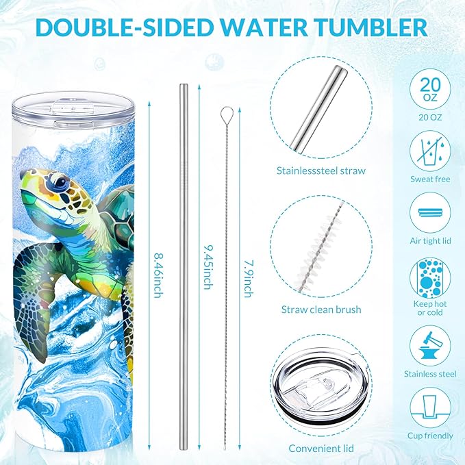 Funnymoom 2 Pack Sea Turtle Themed Gifts Set Skinny Tumbler 20 oz Travel Coffee Mug Novelty Cute Animals Socks, Christmas Birthday Gifts for Sea Turtle Themed