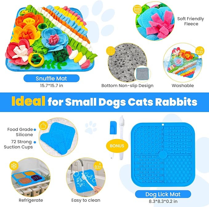 PETCARE Dog Snuffle Mat and Lick Mat Set, Interactive Enrichment Dog Puzzle Toy for Puppy Small Dogs Cats Rabbits, Cognitive Sniff Foraging Mats Mental Stimulation Treat Game Slow Feeder Mats