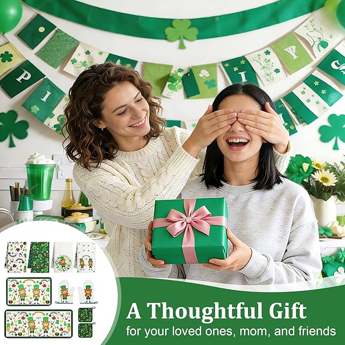 10 PCS Green Kitchen Decor Accessories Sets Shamrock Lucky Clover Kitchen Towels Green Elf Oven Mitts Pot Holders Rug Mat Decoration for Cooking Baking Bathroom Home Camp Spring Gift