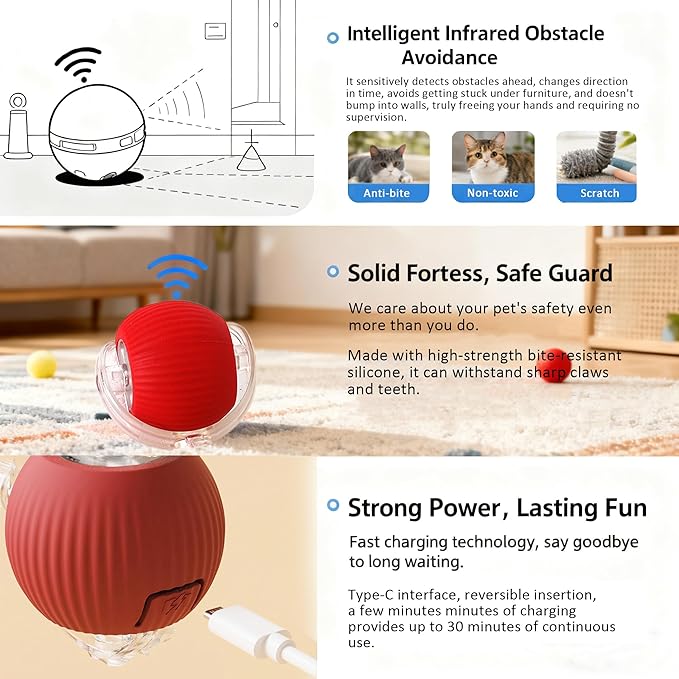 Cat Toy, 360° Automatic Rolling Smart Pet Ball Toys, Motion-Activated, Rechargeable, Four Modes, Three Speed Adjustment, Solve Your Cat's Boredom in Seconds (Red)