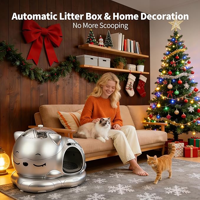 Automatic Cat Litter Box for Multiple Cats, Large Capacity Detachable Top Self-Cleaning Litter Box with App Control & AI Monitoring, Odor Control, Safety Sensors (Silvery)