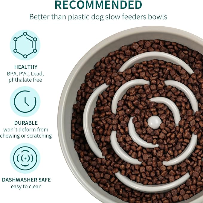 Grey Ceramic Dog Bowl Slow Feeder for Medium and Large Breed,1.5 Cup 8.26 in Slow Feeding Bowl,Puzzle Dog Food Bowl for Fast Eater,Maze Dish for Fast Eater