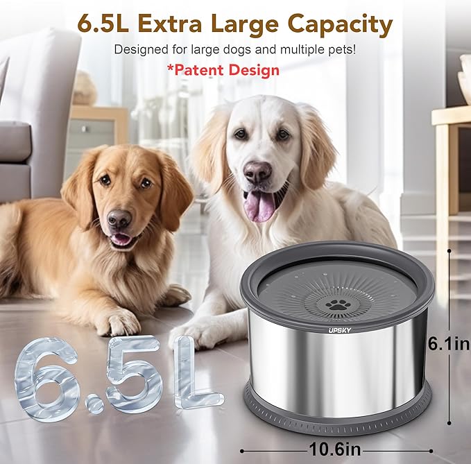 UPSKY Super Large Capacity No Spill Dog Bowl, 6.5L Stainless Steel Spill Proof Slow Water Feeder, Anti-Slip Mat for Messy Drinkers - Grey