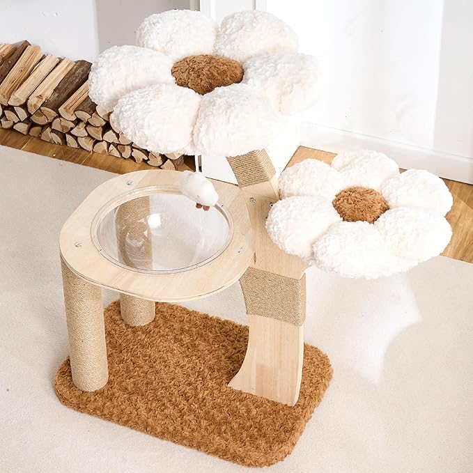HITTITE Flower Cat Tree with Scratching Post, 36 Inches Cute Cat Tower with Wooden Branch Design, Modern Cat Climbing Tower with Flower Perches and Space Capsule for Indoor Cats Large Adult. White