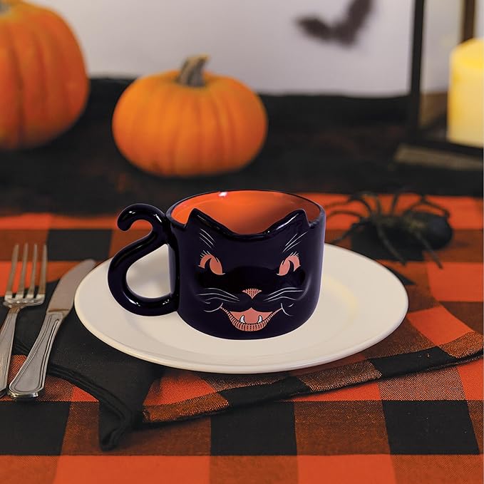 Beistle Vintage Halloween Ceramic Black Cat Mug – Retro Style Holiday Coffee Cup, Orange Drinkware with Classic Cat Face Design, Seasonal Gift Party Tableware, Dishwasher and Microwave Safe, 12 Oz