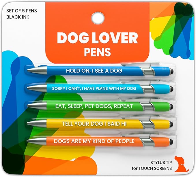 Funny Dog Lover Gift Pen Set – 5 Black Ink Ballpoint Pens with Stylus Tip & Quality Metal Barrel with Doggy-Themed Quotes – Cool Dog Lover Gift for Women, Friends, Vet Tech, Pet Owner, Coworker