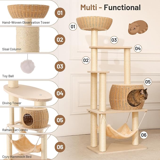 Modern Rattan Cat Tree House Condo Tall Heavy Duty Cat Climbing Tower with Scratching Post,Basket,Bed,and Stand for Indoor Large Cat
