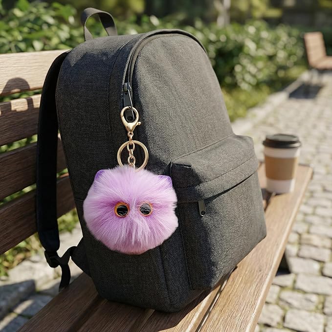 Cute Purple Cat Plush Keychain - Kawaii Lavender Cat Pom Pom Bag Charm, Mystical Keychain for Backpack Purse, Gift for Women Teens