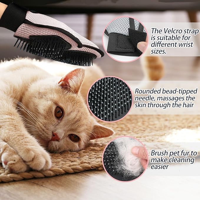 Pink Double-Sided Cat Shedding Glove Breathable Pet Grooming Massage Glove Slicker Brush Glove for Cats and Dogs Hair Removal Mitt