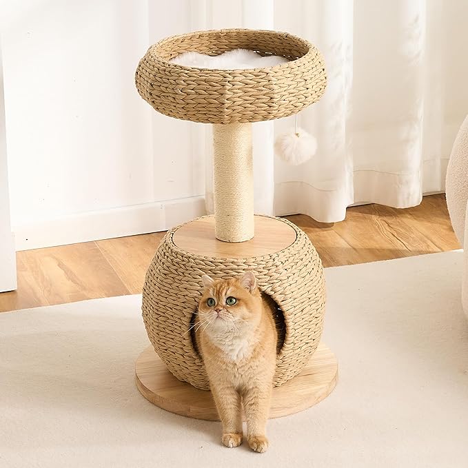 30" Modern Cat Tree Tower for Indoor Cats, Aesthetic Rattan Cat Furniture with Handwoven Wicker Cat Bed Cave, Ultra-Soft & Washable Cushions, Natural Sisal Scratching Post and Solid Wood Base