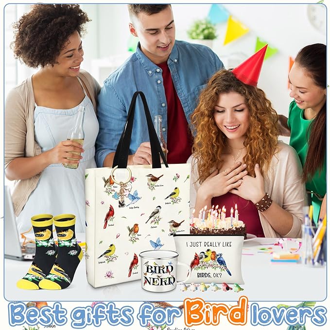 Bird Lover Gifts for Women Birthday Gifts Baskets Set Include Canvas Tote Bag, Makeup Bag, Socks, Keychain, Enamel Mug, Small Figurines for Mom, Wife, Sister, Friend