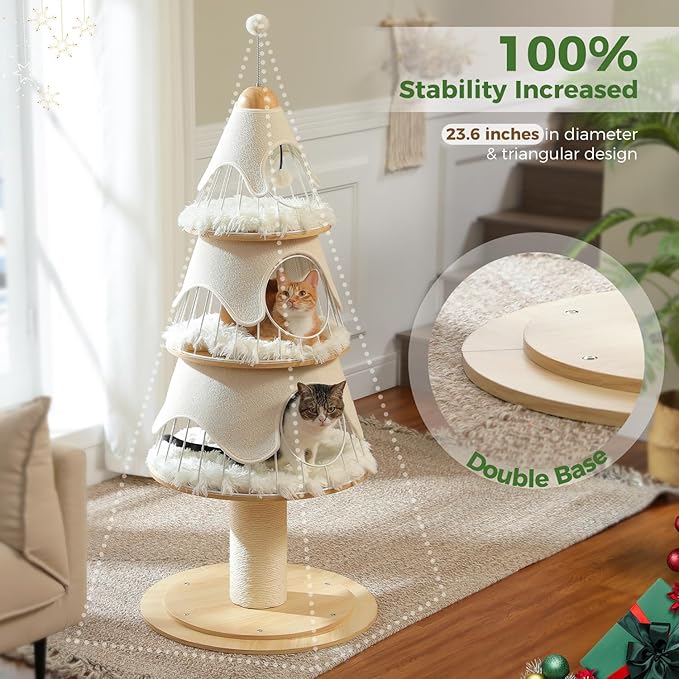 MUTTROS Modern Cat Tree-51.2" Cat Christmas Tree w/Thick Scratch Post(φ5.4in), Wood Cat Tower w/ 3 Condos-Heavy Duty Furniture w/Metal Frame & Replaceable Mat for Indoor Kittens, White