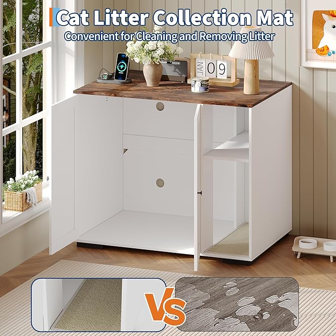 PeakPursuit Large Litter Enclosure Cabinet, XL Cat Robot Furniture with Dog Proof Shelf, Power Outlet & 5 Ft Cord, Fit for Most Self-Cleaning Litter Boxes White-A