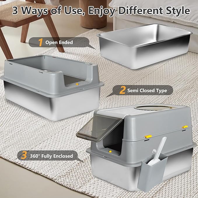 Ultimate Stainless Steel Litter Box with Lid - XXL Enclosed Anti-Leak Design for Big Cats, Non-Stick Easy Clean Metal Litter Box System with Scoop Set, High-Sided Urine Protection, Sleek Grey