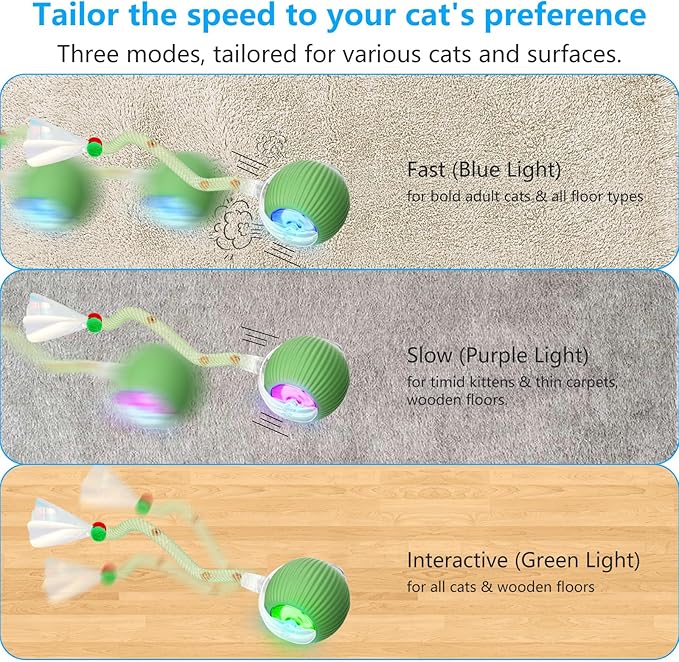 Interactive Cat Toys for Indoor Cats, Interactive Cat Ball Toy with Elastic Mesh Tail, Automatic Cat/Kitten Toys with Chirping & Motion Activate, Cat Toys for Bored Indoor (Green)